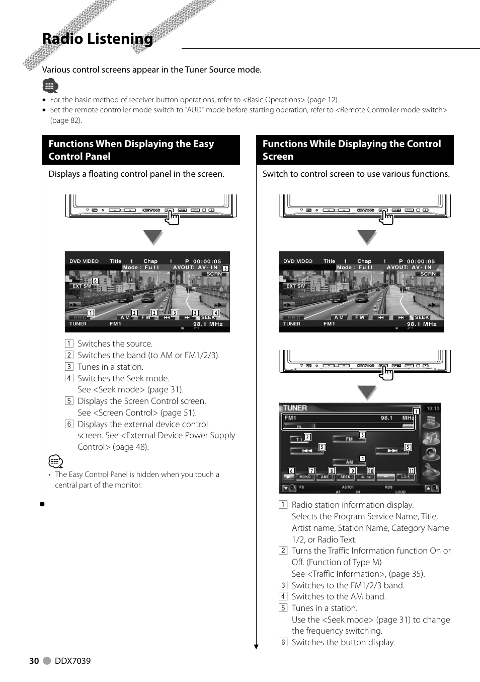 Radio listening, Functions when displaying the easy control panel, Functions while displaying the control screen | Displays a floating control panel in the screen, Switch to control screen to use various functions | Kenwood DDX7039M User Manual | Page 30 / 96