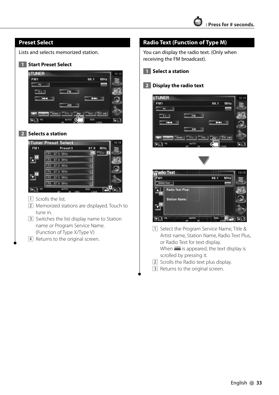 Radio text (function of type m), Preset select, English 33 : press for # seconds | Kenwood DDX7039M User Manual | Page 33 / 96