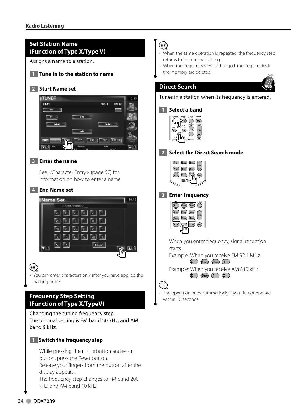 Direct search, Set station name (function of type x/type v), Frequency step setting (function of type x/typev) | 2select the direct search mode, 3enter frequency, Example: when you receive am 810 khz | Kenwood DDX7039M User Manual | Page 34 / 96