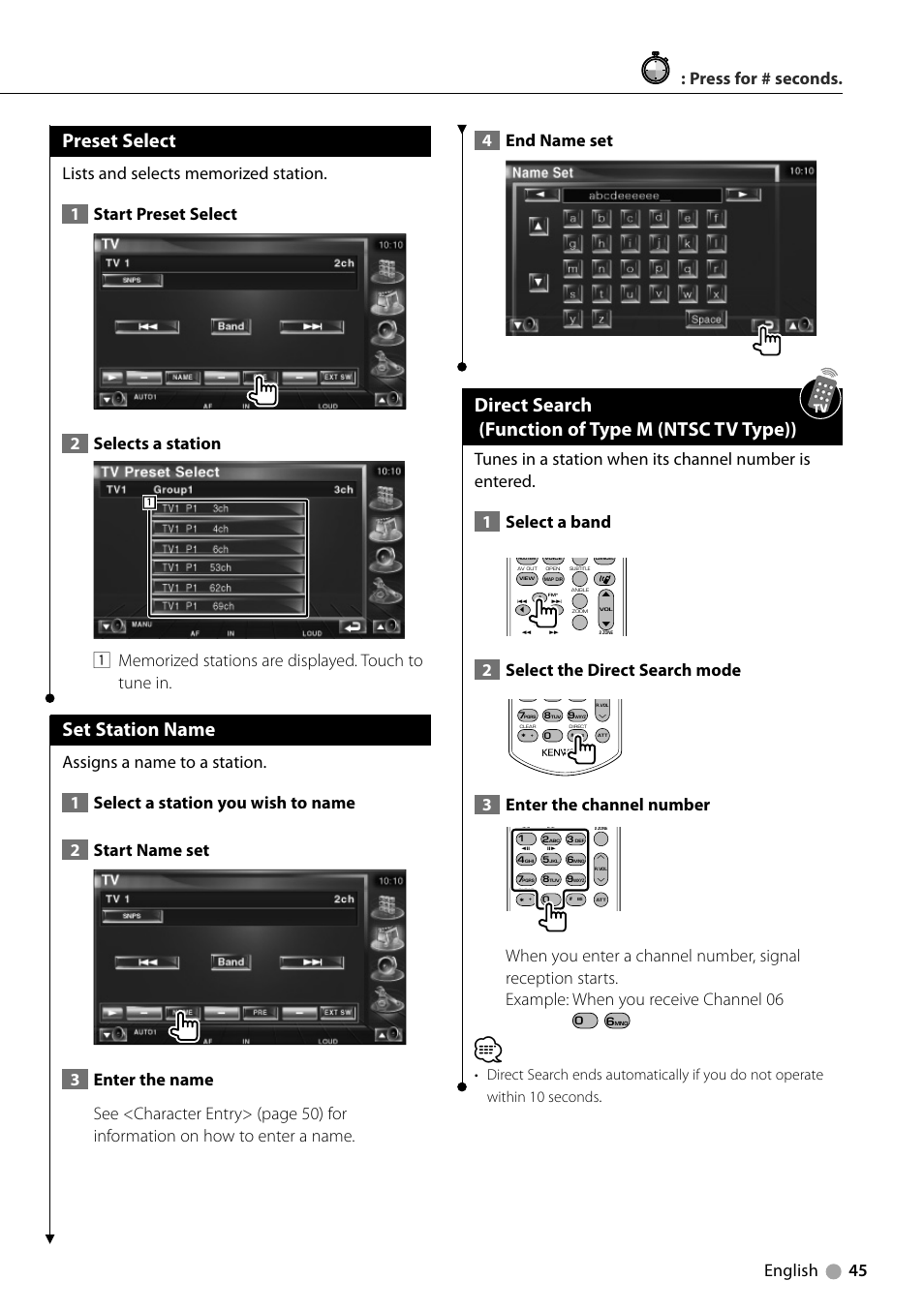 Direct search (function of type m (ntsc tv type)), Preset select, Set station name | English 45 4 end name set, 2select the direct search mode, 3enter the channel number, Press for # seconds | Kenwood DDX7039M User Manual | Page 45 / 96