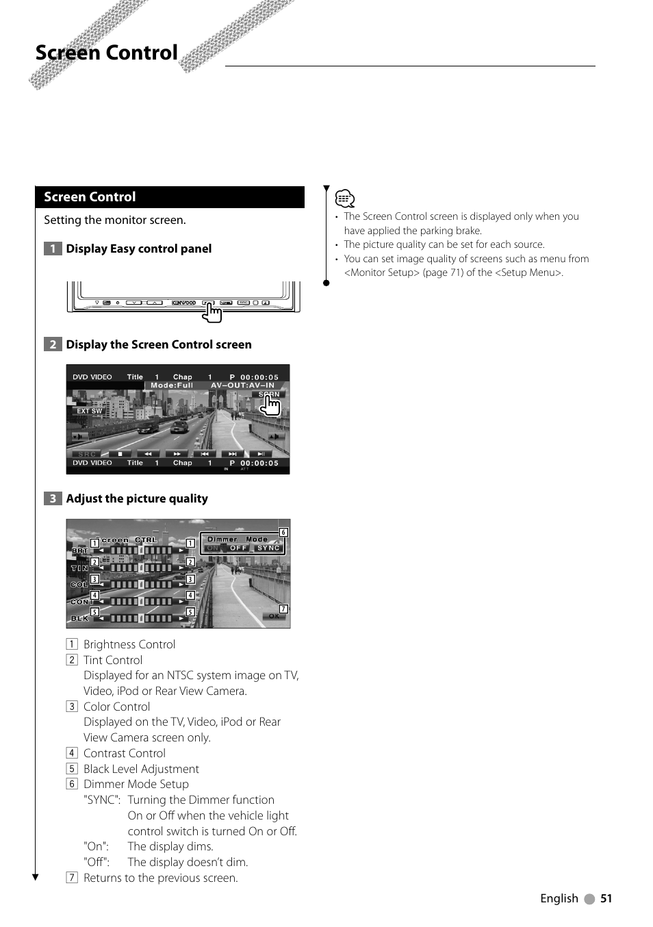 Screen control | Kenwood DDX7039M User Manual | Page 51 / 96