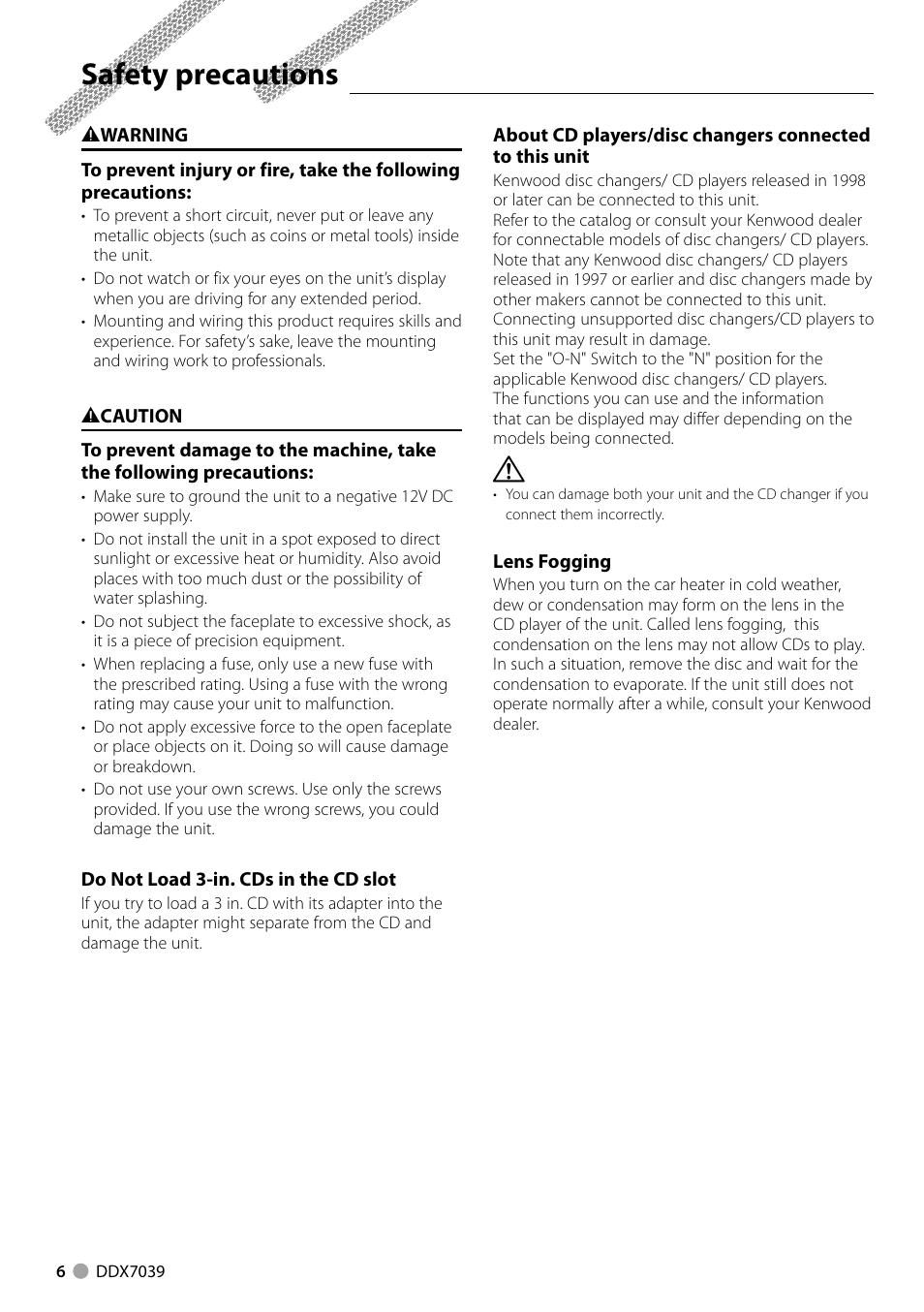 Safety precautions | Kenwood DDX7039M User Manual | Page 6 / 96