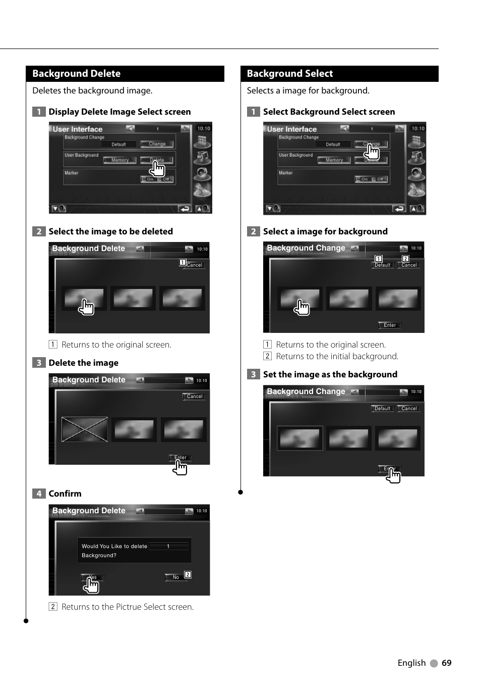 Background select, Background delete, English 69 | 4confirm, 2 returns to the pictrue select screen | Kenwood DDX7039M User Manual | Page 69 / 96