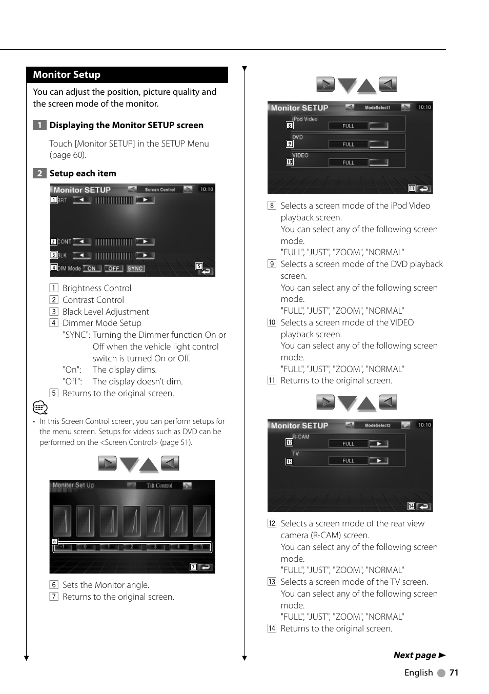 Monitor setup | Kenwood DDX7039M User Manual | Page 71 / 96