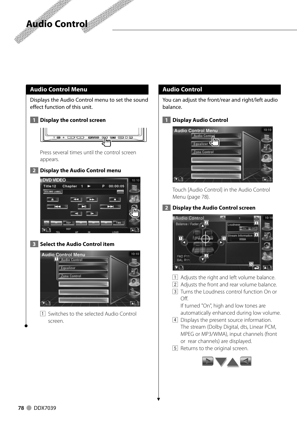 Audio control, Audio control menu | Kenwood DDX7039M User Manual | Page 78 / 96