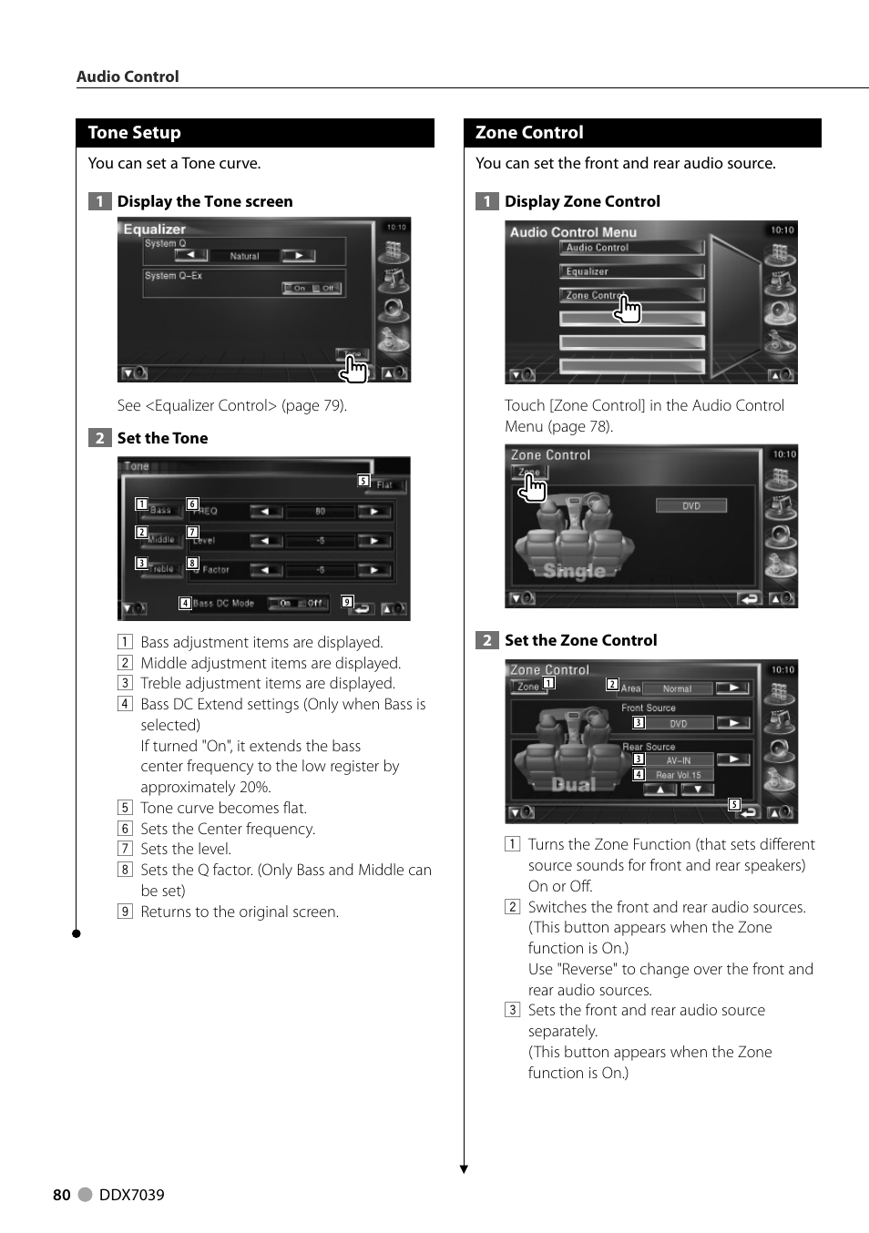 Tone setup, Zone control | Kenwood DDX7039M User Manual | Page 80 / 96