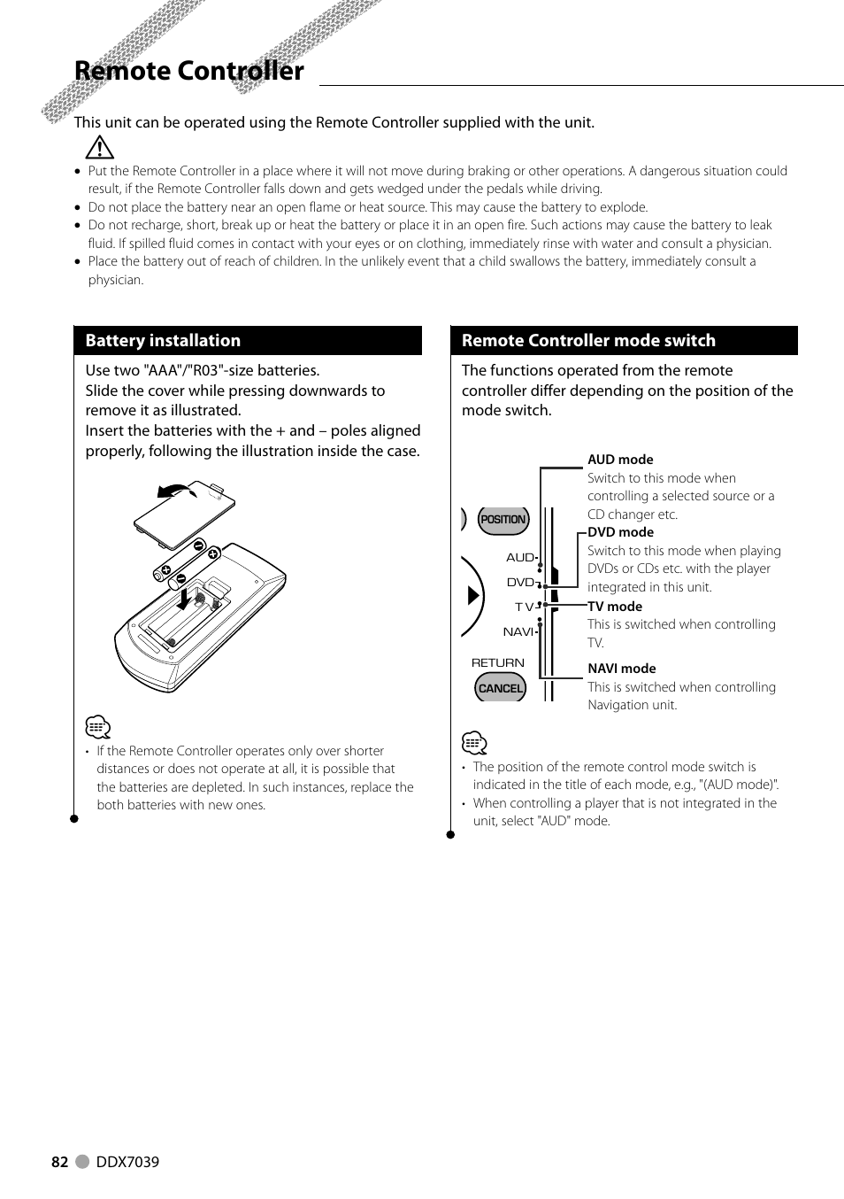 Remote controller, Battery installation, Remote controller mode switch | Kenwood DDX7039M User Manual | Page 82 / 96