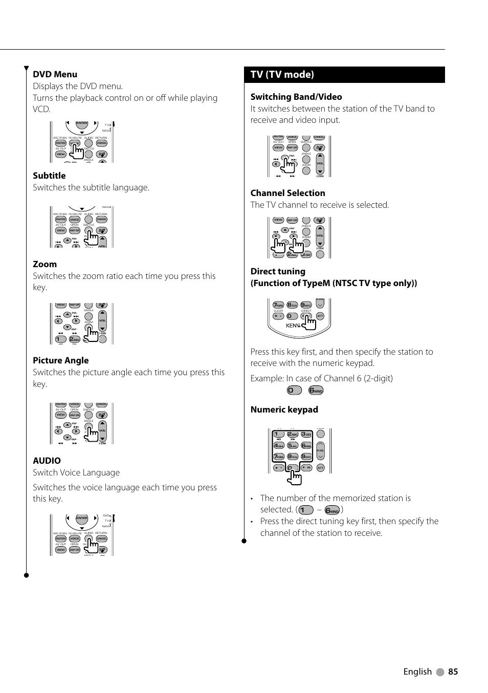 Tv (tv mode), Subtitle switches the subtitle language, Numeric keypad | Kenwood DDX7039M User Manual | Page 85 / 96