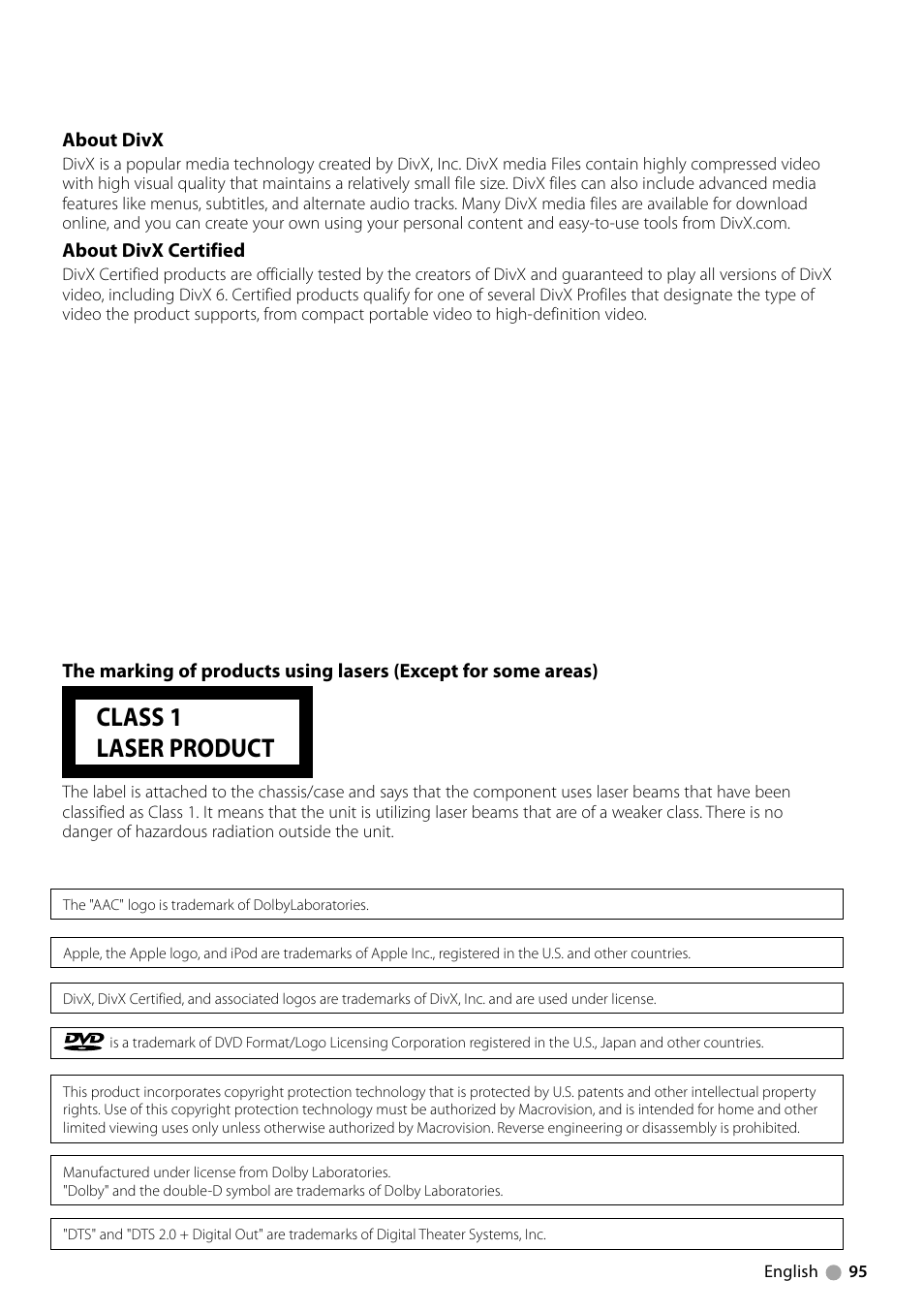 Class 1 laser product | Kenwood DDX7039M User Manual | Page 95 / 96