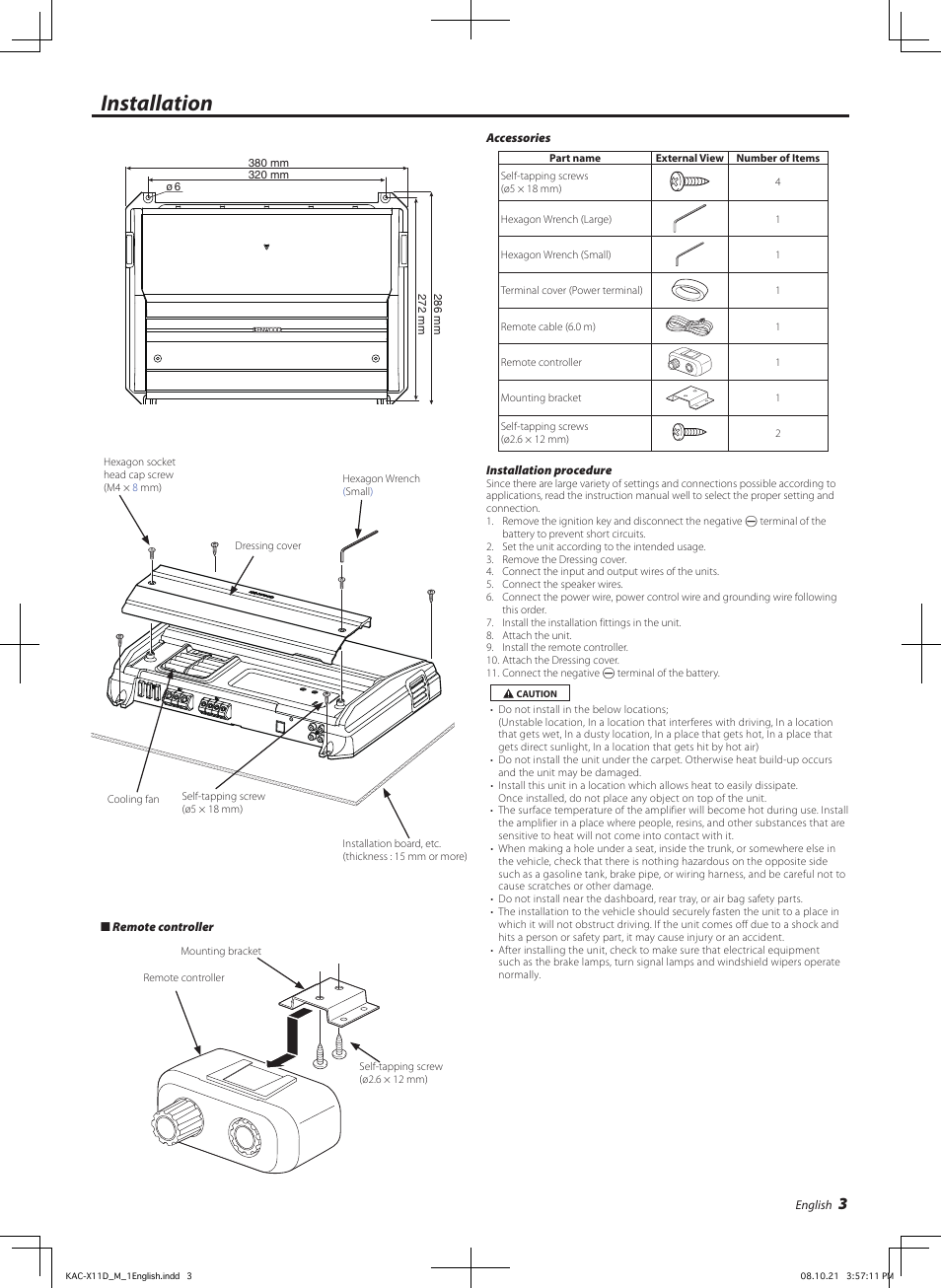 Installation | Kenwood KAC-X11D User Manual | Page 3 / 8