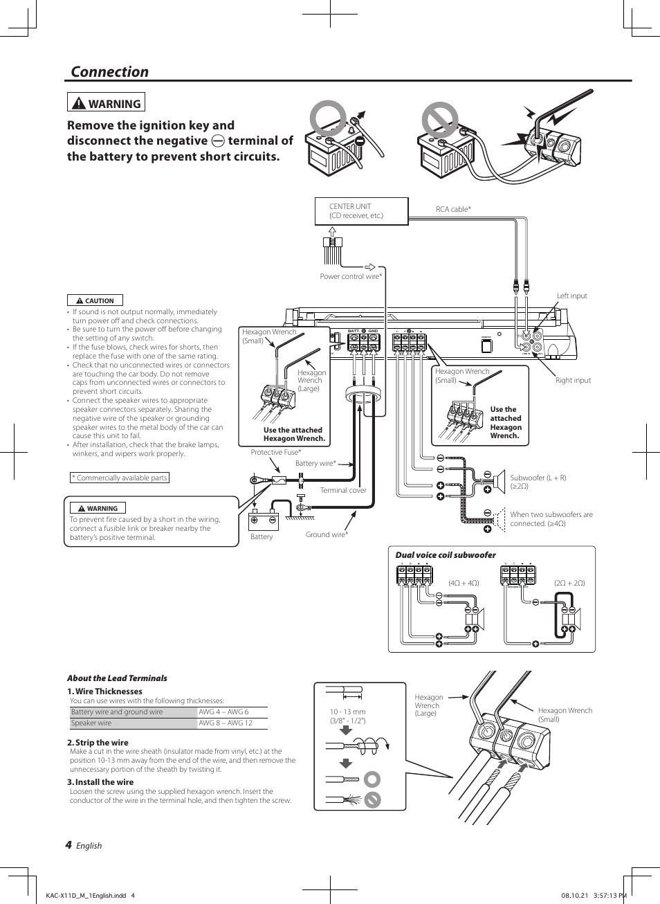 Connection, Warning | Kenwood KAC-X11D User Manual | Page 4 / 8