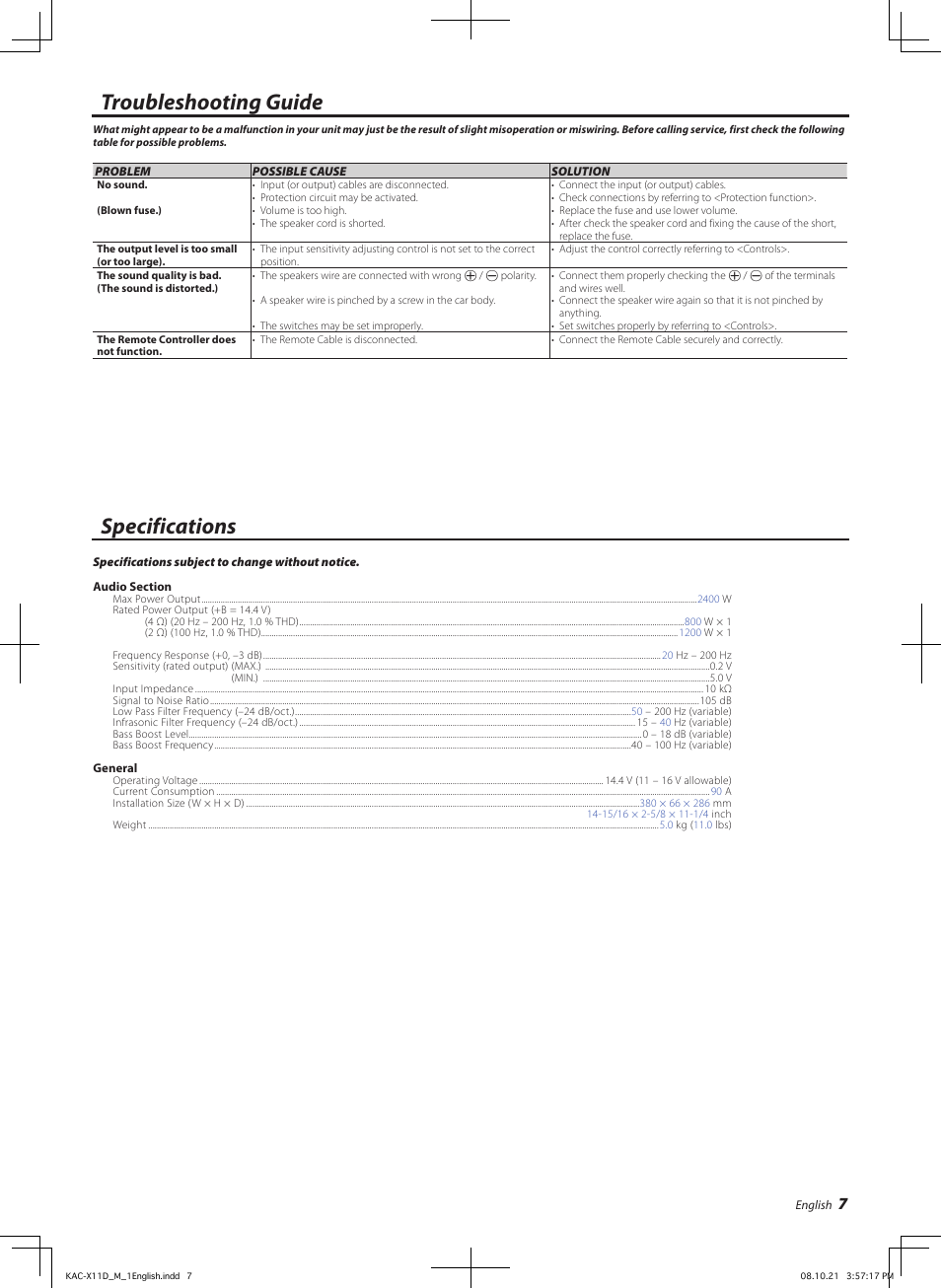 Troubleshooting guide specifications | Kenwood KAC-X11D User Manual | Page 7 / 8