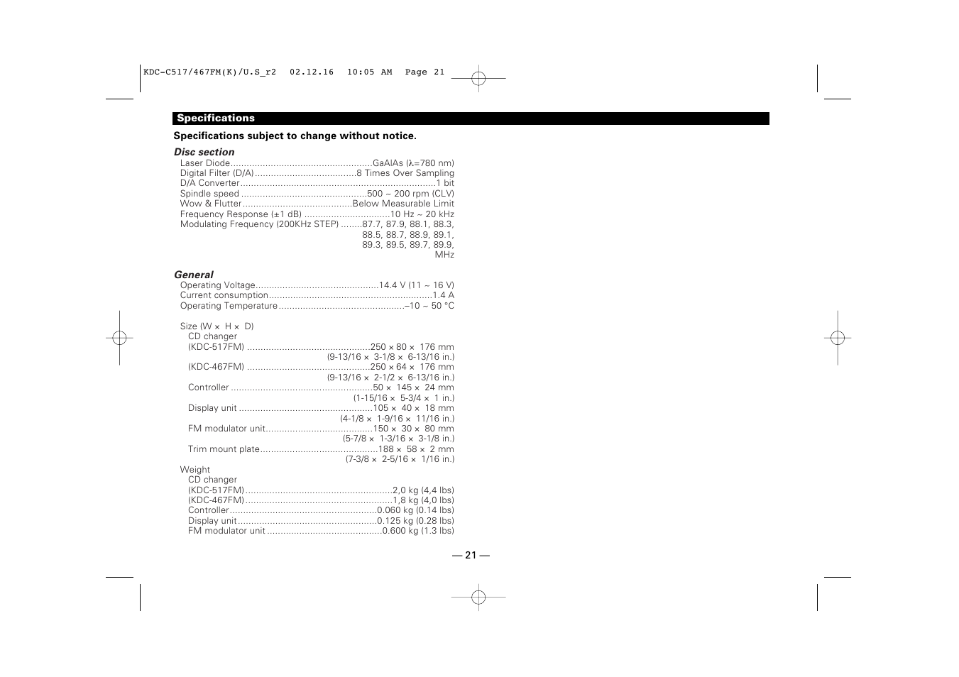 Specifications | Kenwood 467FM User Manual | Page 21 / 21