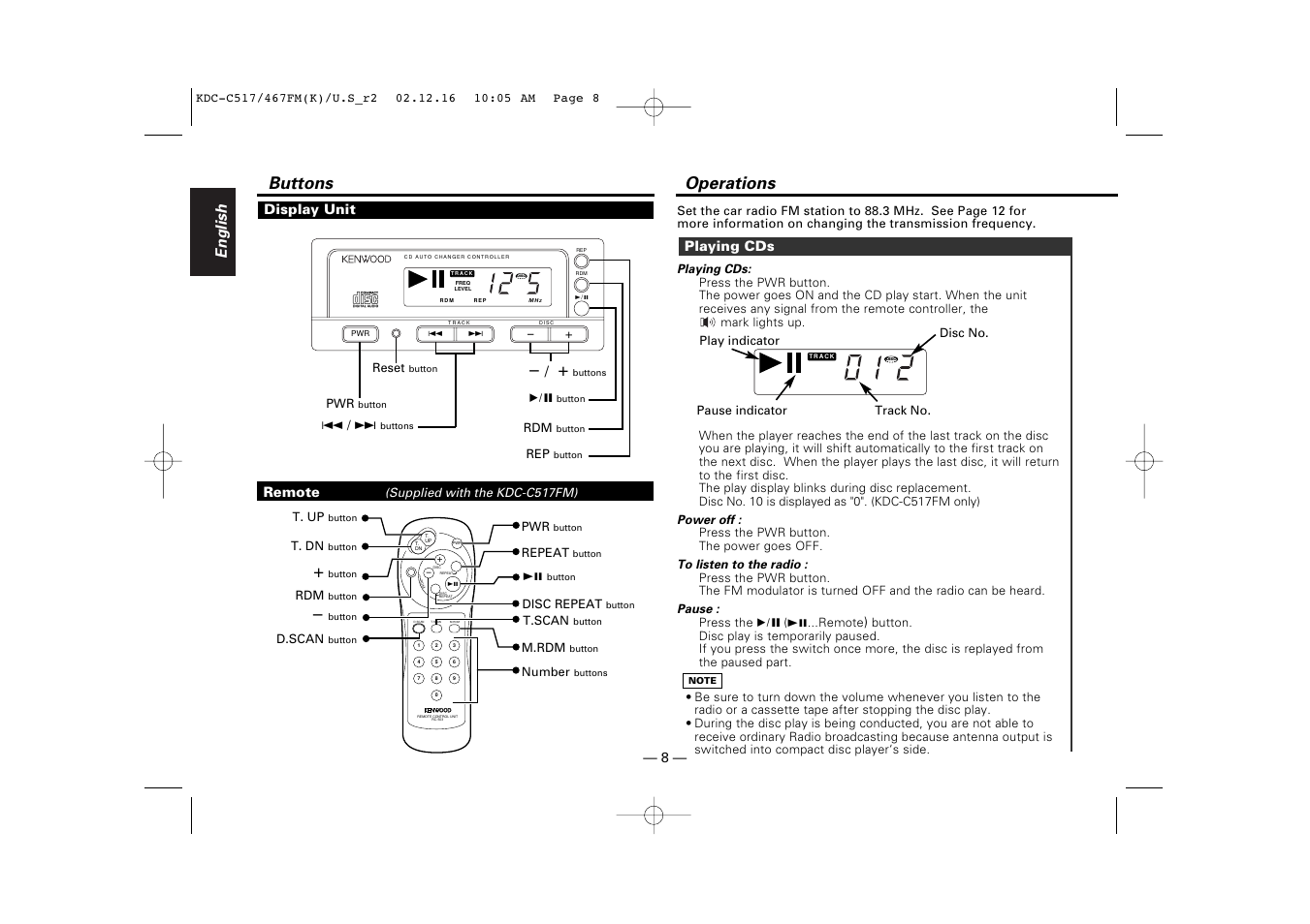 Buttons, Operations, English | Kenwood 467FM User Manual | Page 8 / 21