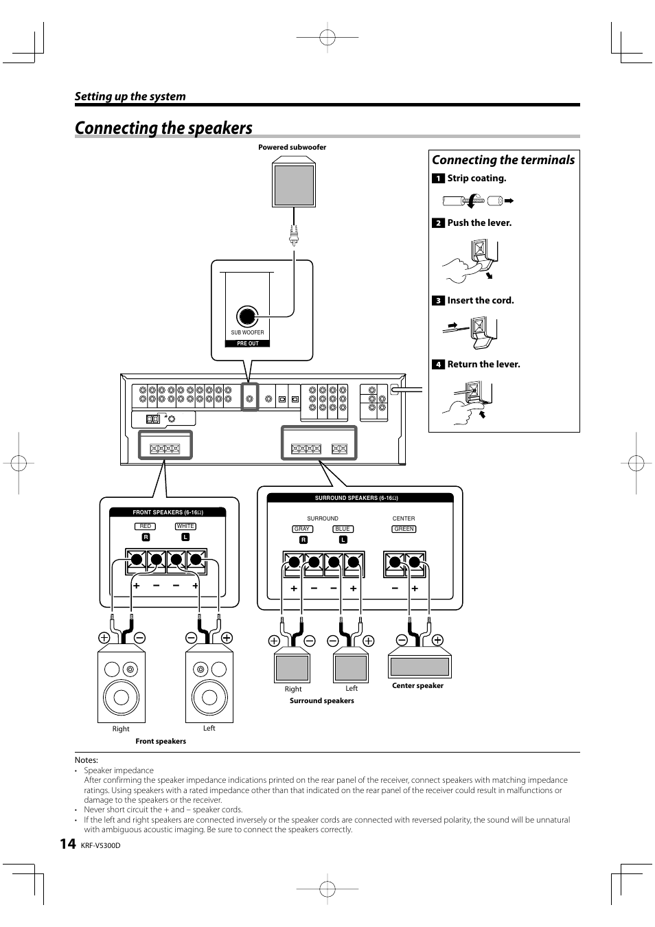Connecting the speakers, Connecting the terminals, Setting up the system | Kenwood KRF-V5300D User Manual | Page 14 / 40