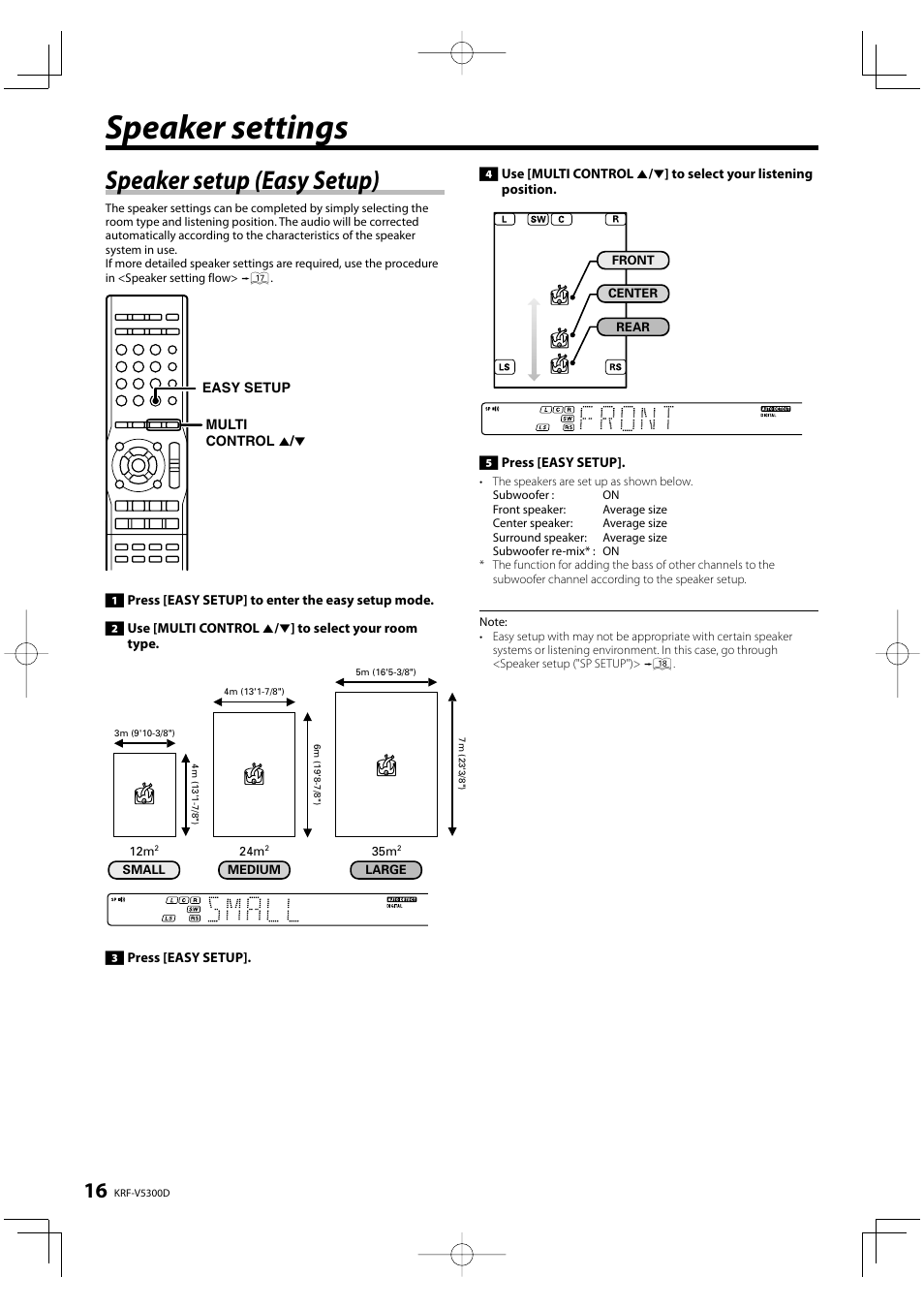 Speaker settings, Speaker setup (easy setup) | Kenwood KRF-V5300D User Manual | Page 16 / 40