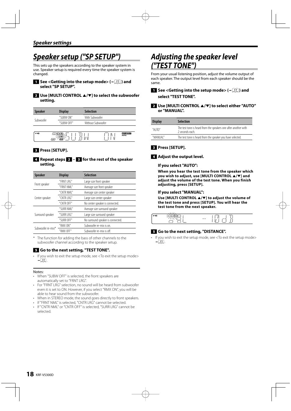 Speaker setup ("sp setup"), Adjusting the speaker level ("test tone"), Speaker settings | Kenwood KRF-V5300D User Manual | Page 18 / 40