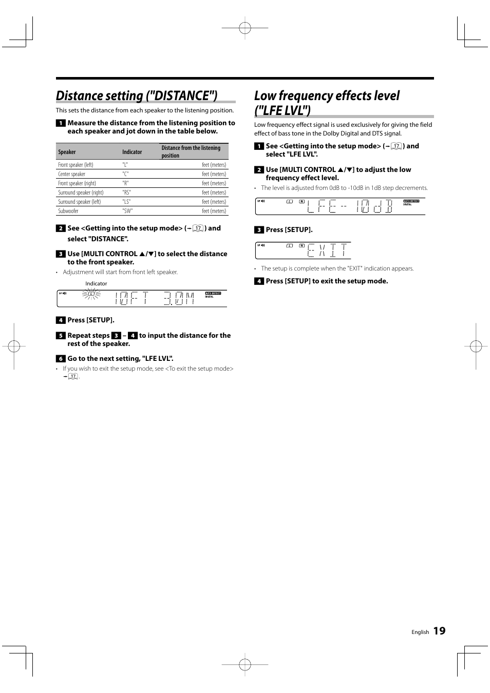 Distance setting ("distance"), Low frequency effects level ("lfe lvl") | Kenwood KRF-V5300D User Manual | Page 19 / 40