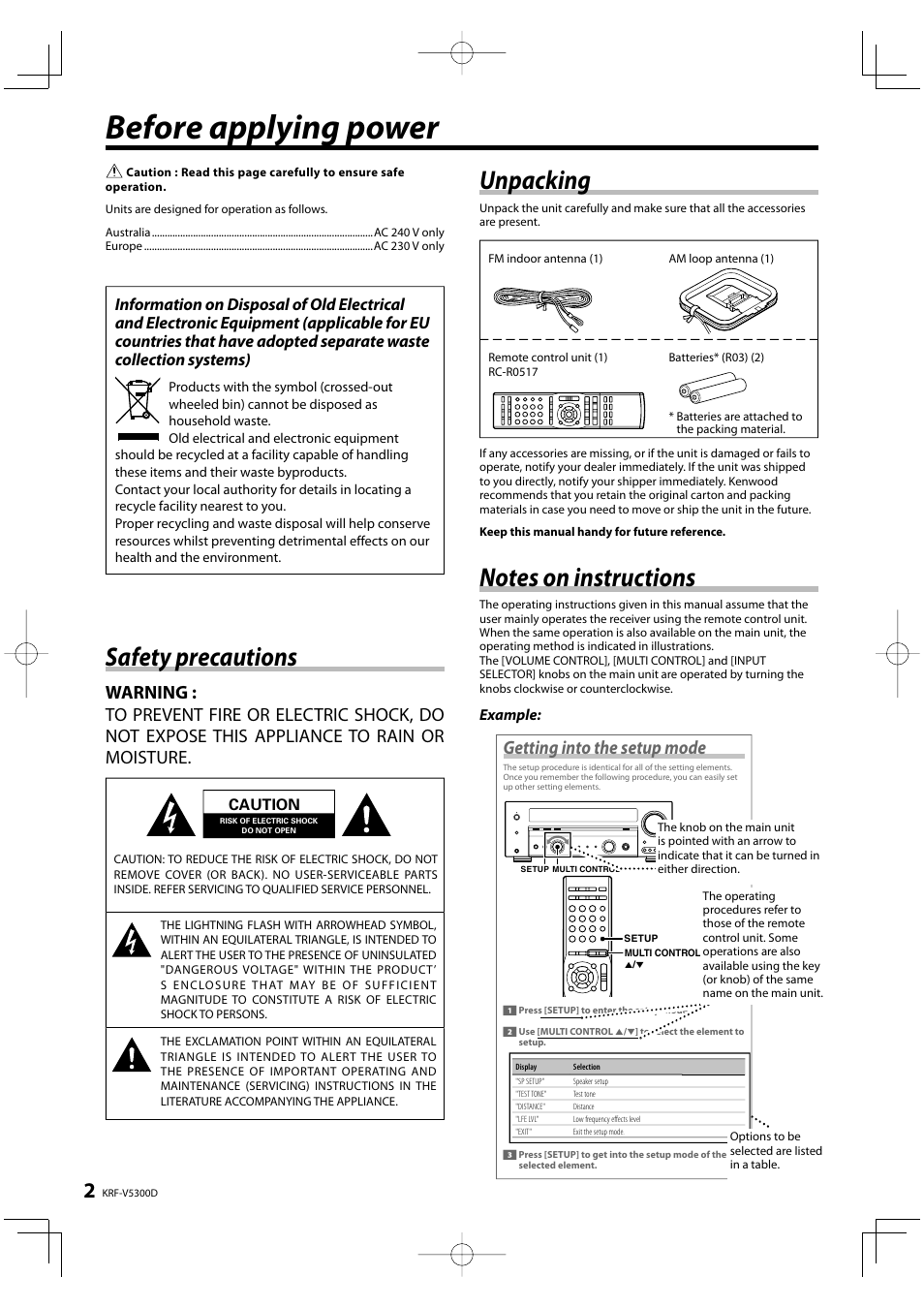 Before applying power, Unpacking, Safety precautions | Getting into the setup mode, Example, Caution | Kenwood KRF-V5300D User Manual | Page 2 / 40