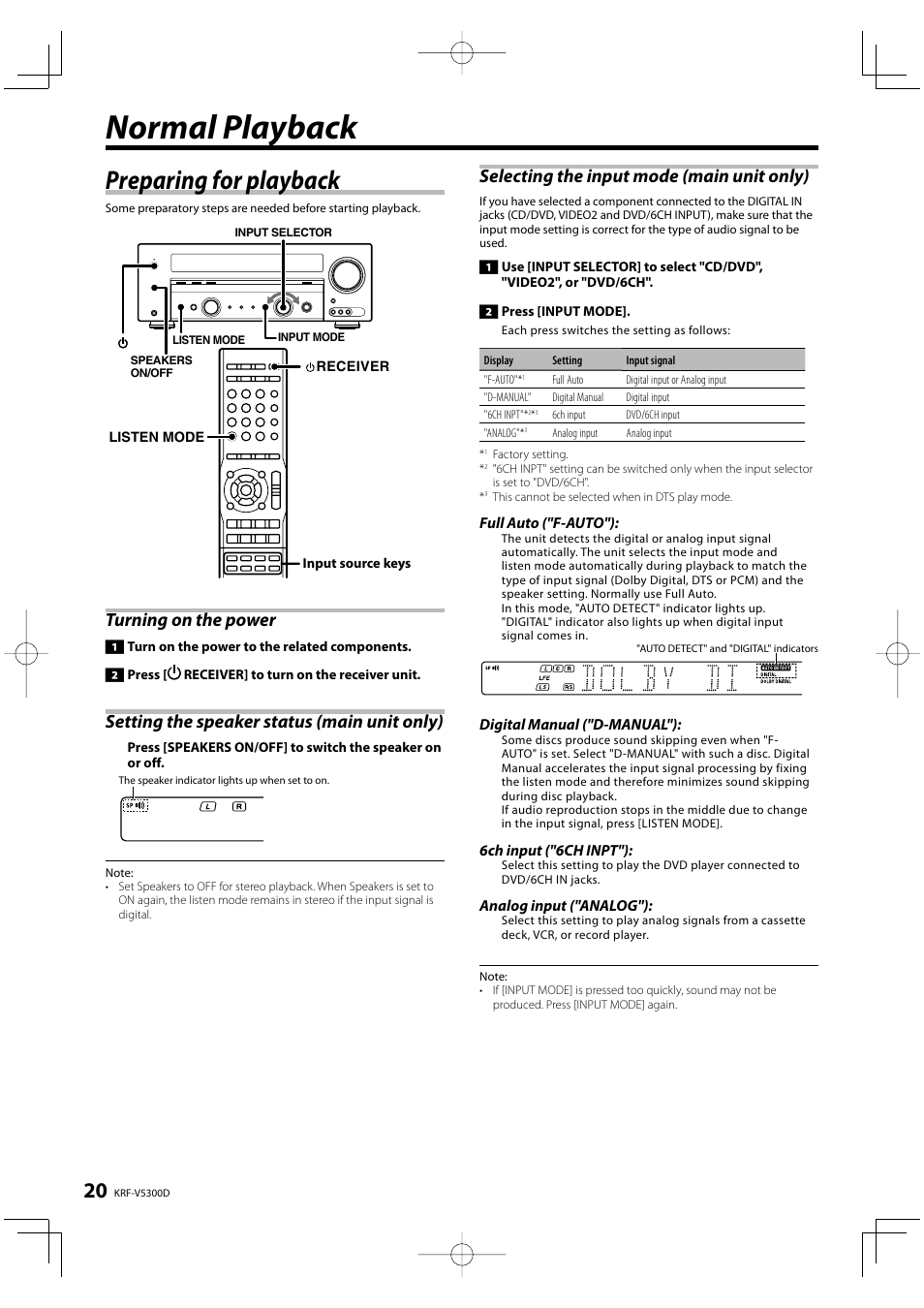 Normal playback, Preparing for playback, Turning on the power | Setting the speaker status (main unit only), Selecting the input mode (main unit only) | Kenwood KRF-V5300D User Manual | Page 20 / 40