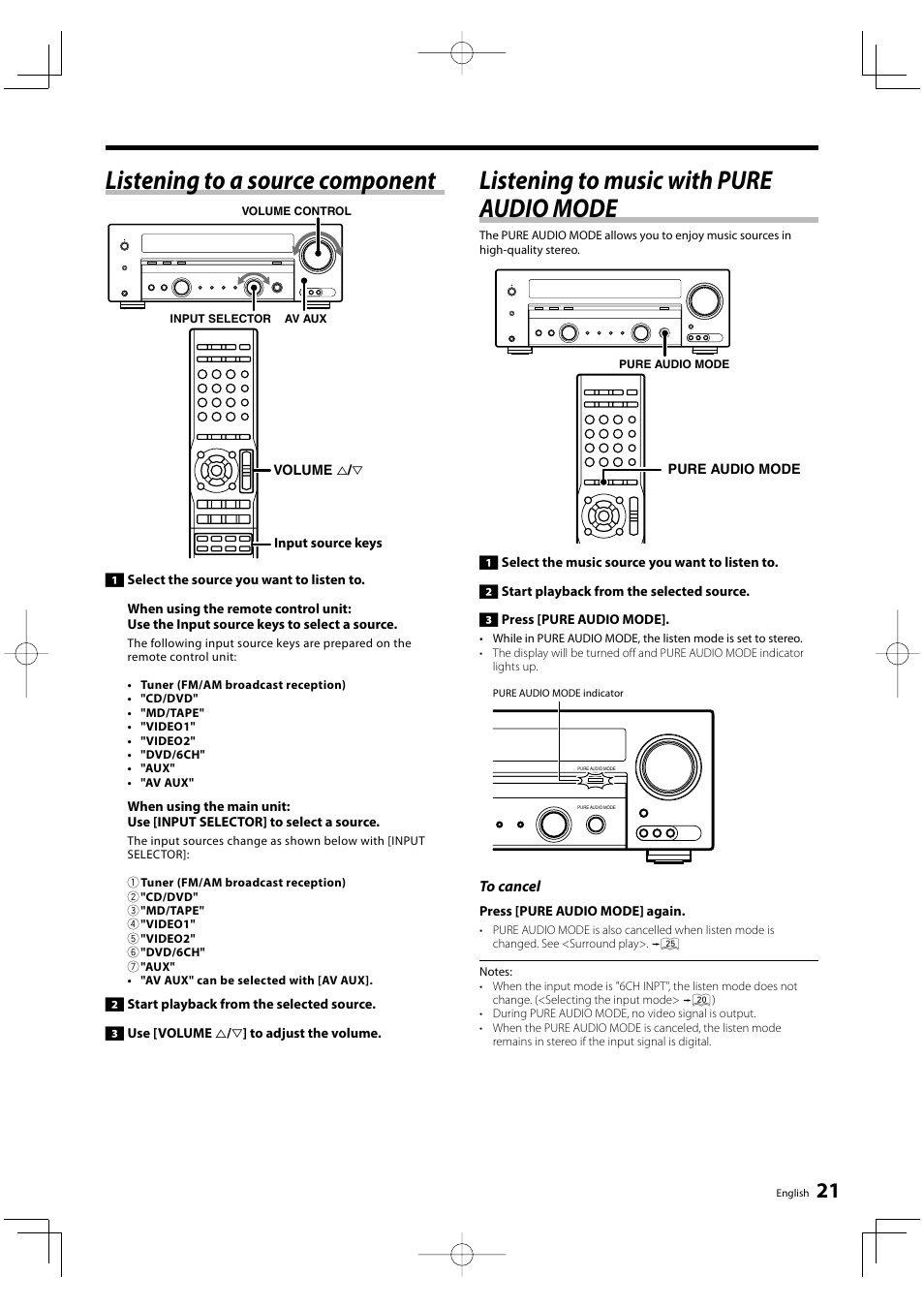 Listening to a source component, Listening to music with pure audio mode | Kenwood KRF-V5300D User Manual | Page 21 / 40