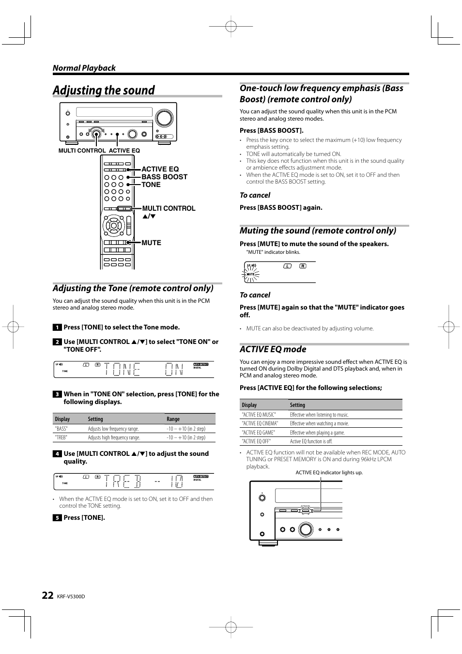 Adjusting the sound, Adjusting the tone (remote control only), Muting the sound (remote control only) | Active eq mode | Kenwood KRF-V5300D User Manual | Page 22 / 40