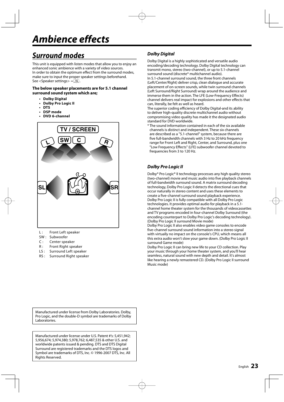 Ambience effects, Surround modes | Kenwood KRF-V5300D User Manual | Page 23 / 40