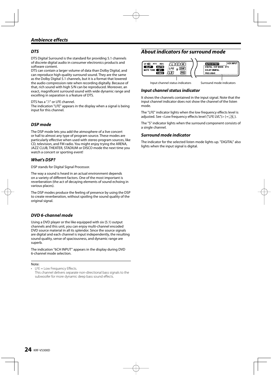 About indicators for surround mode | Kenwood KRF-V5300D User Manual | Page 24 / 40