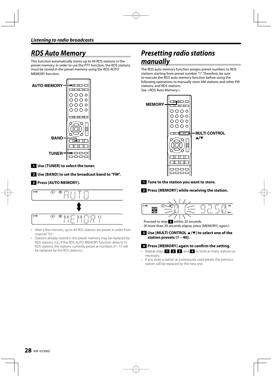 Presetting radio stations manually | Kenwood KRF-V5300D User Manual | Page 28 / 40