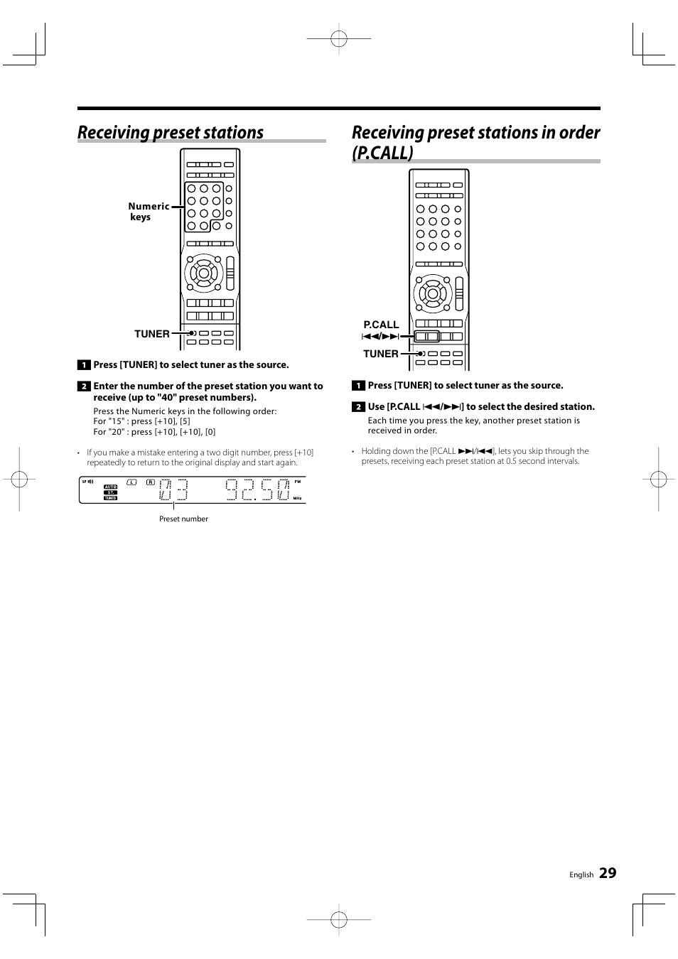 Receiving preset stations, Receiving preset stations in order (p.call) | Kenwood KRF-V5300D User Manual | Page 29 / 40