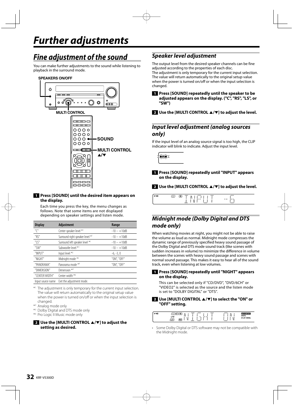 Further adjustments, Fine adjustment of the sound, Speaker level adjustment | Kenwood KRF-V5300D User Manual | Page 32 / 40