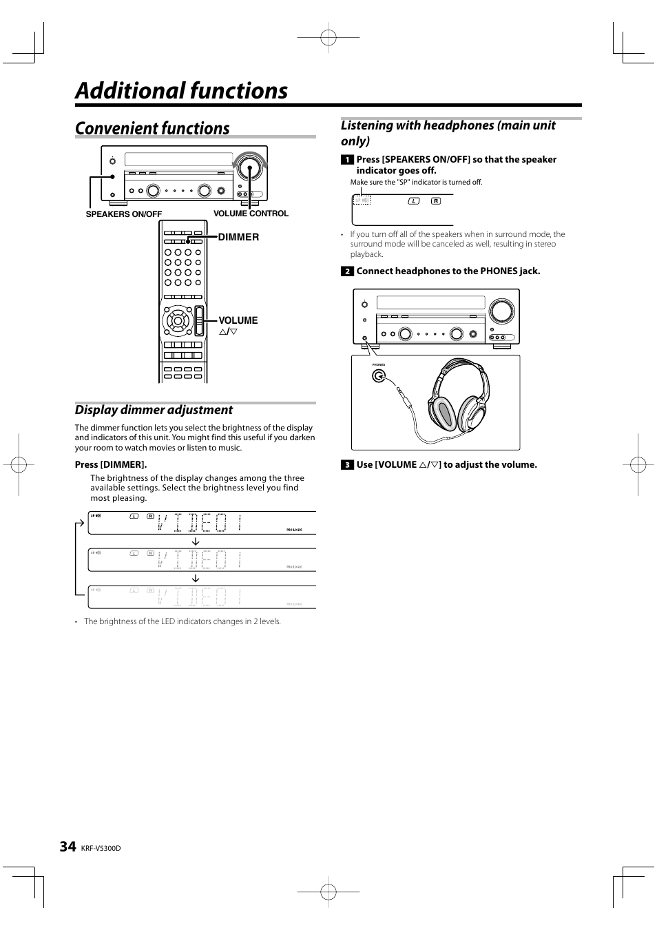 Additional functions, Convenient functions, Display dimmer adjustment | Kenwood KRF-V5300D User Manual | Page 34 / 40