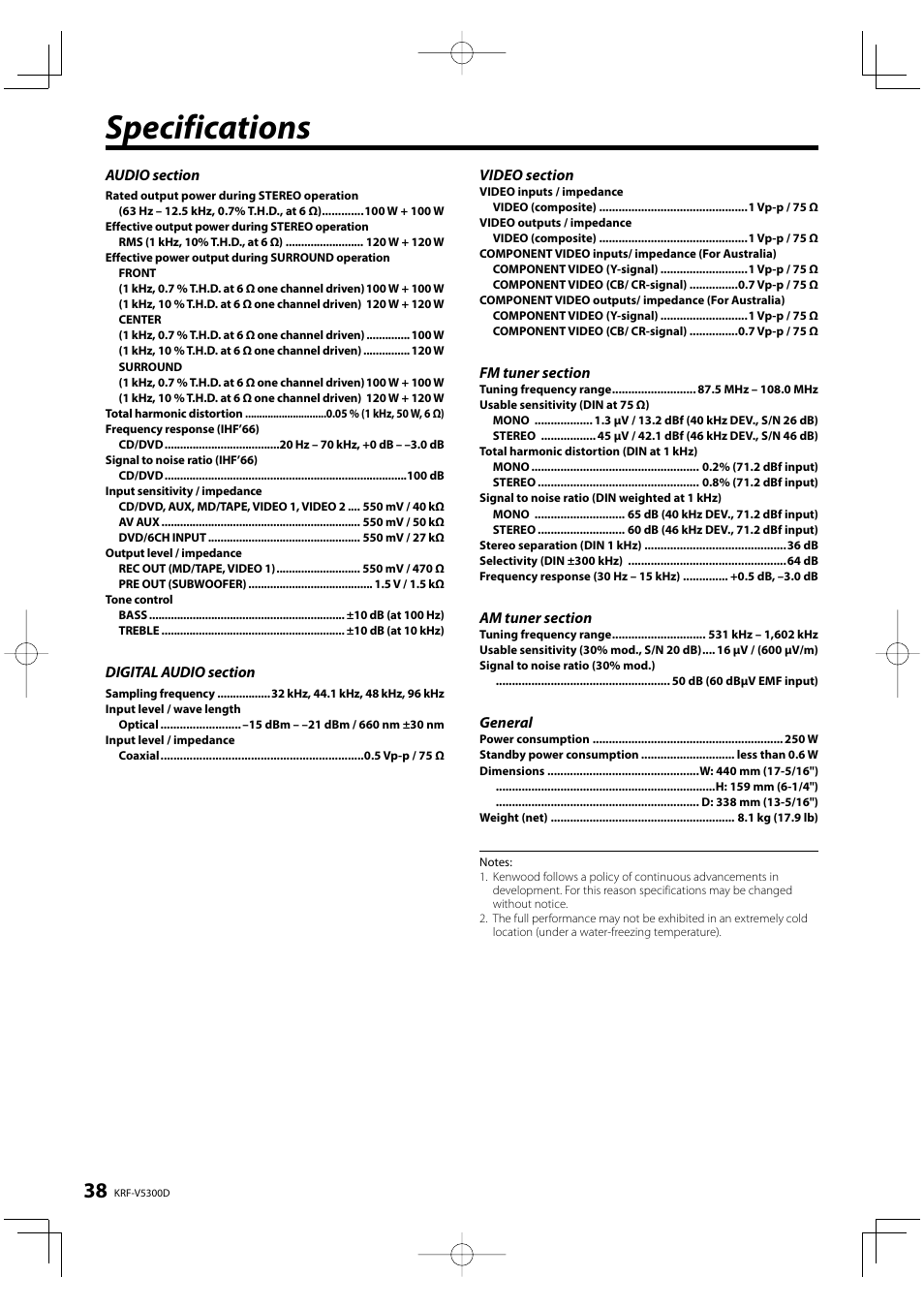 Specifications | Kenwood KRF-V5300D User Manual | Page 38 / 40