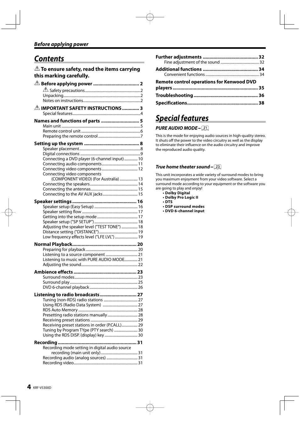 Kenwood KRF-V5300D User Manual | Page 4 / 40