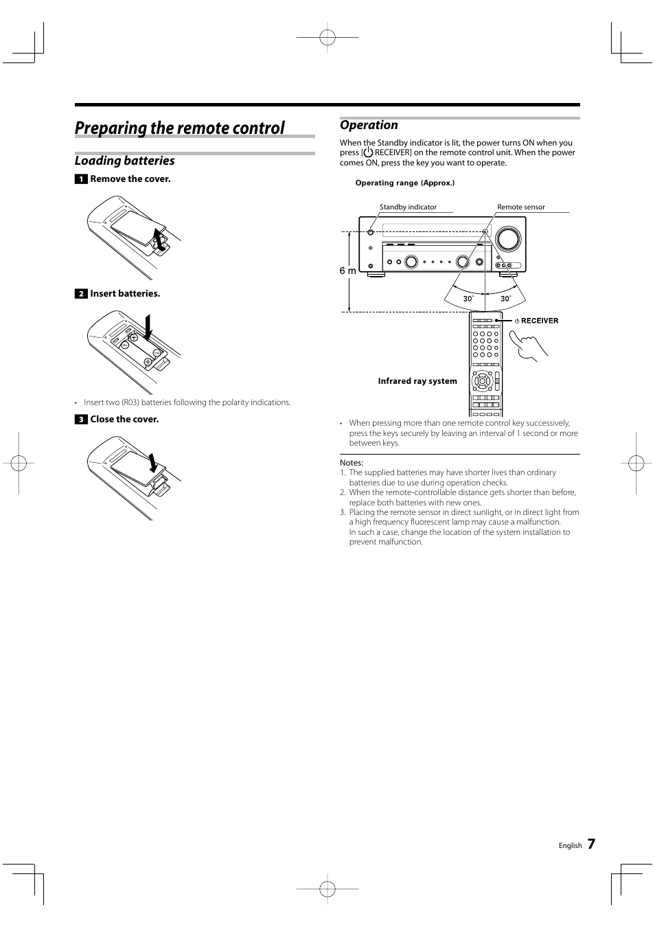 Preparing the remote control, Loading batteries, Operation | Kenwood KRF-V5300D User Manual | Page 7 / 40