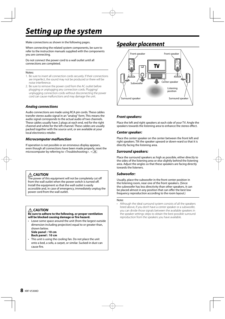 Setting up the system, Speaker placement | Kenwood KRF-V5300D User Manual | Page 8 / 40