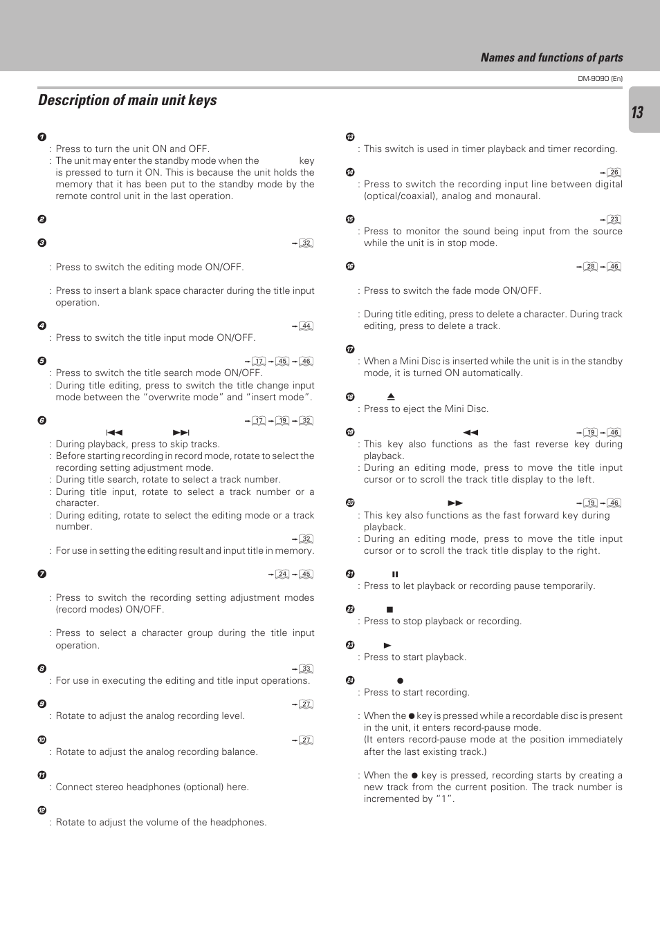 Description of main unit keys | Kenwood DM-9090 User Manual | Page 13 / 56