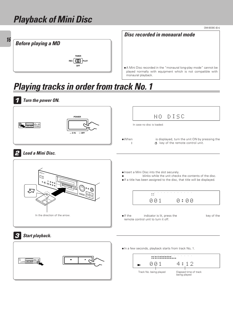 Playback of mini disc, Playing tracks in order from track no. 1, Before playing a md | Disc recorded in monaural mode | Kenwood DM-9090 User Manual | Page 16 / 56