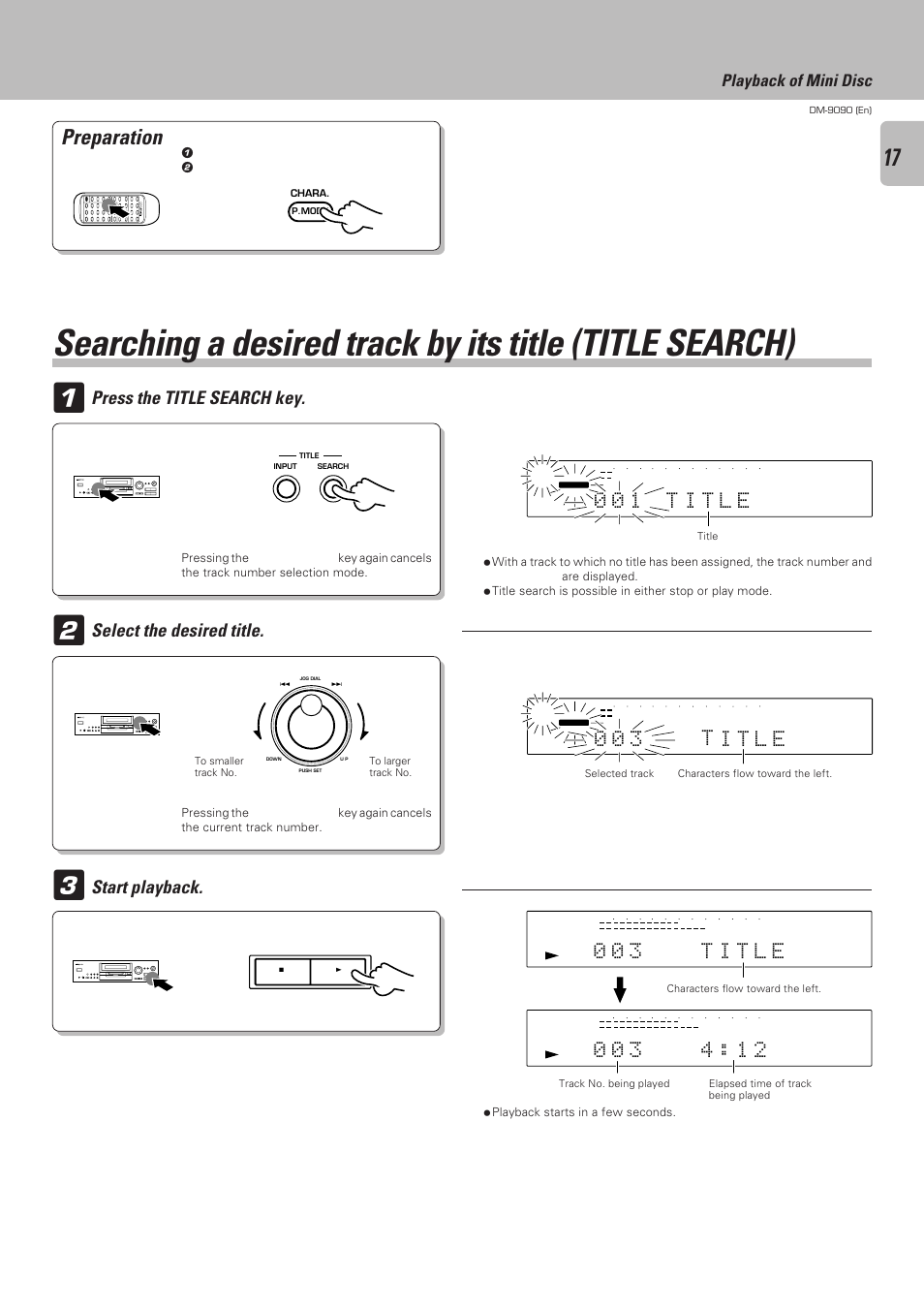 Preparation, Playback of mini disc, Playback starts in a few seconds | Kenwood DM-9090 User Manual | Page 17 / 56