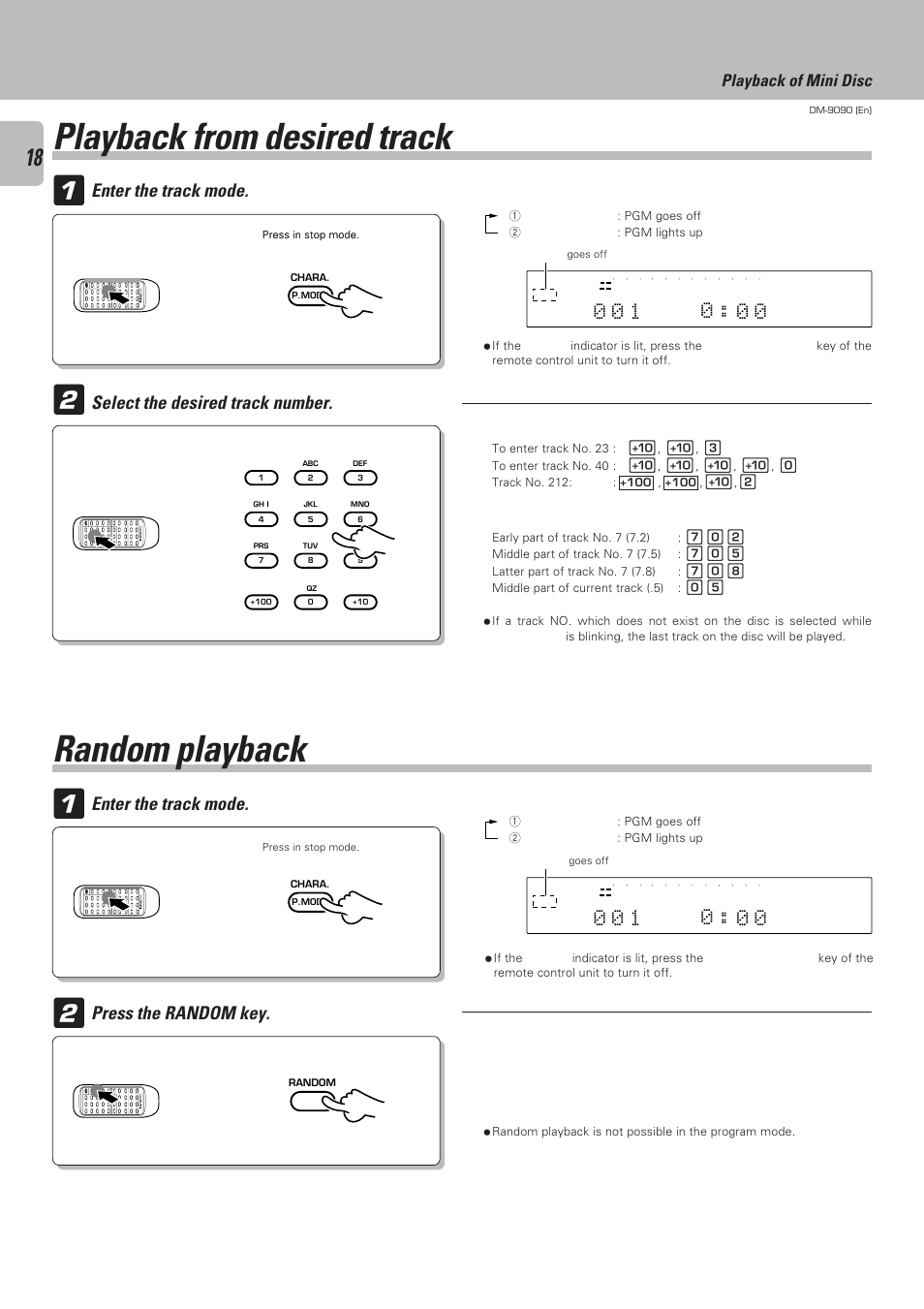 Random playback, Playback from desired track, Press the random key | Enter the track mode, Select the desired track number, Playback of mini disc | Kenwood DM-9090 User Manual | Page 18 / 56