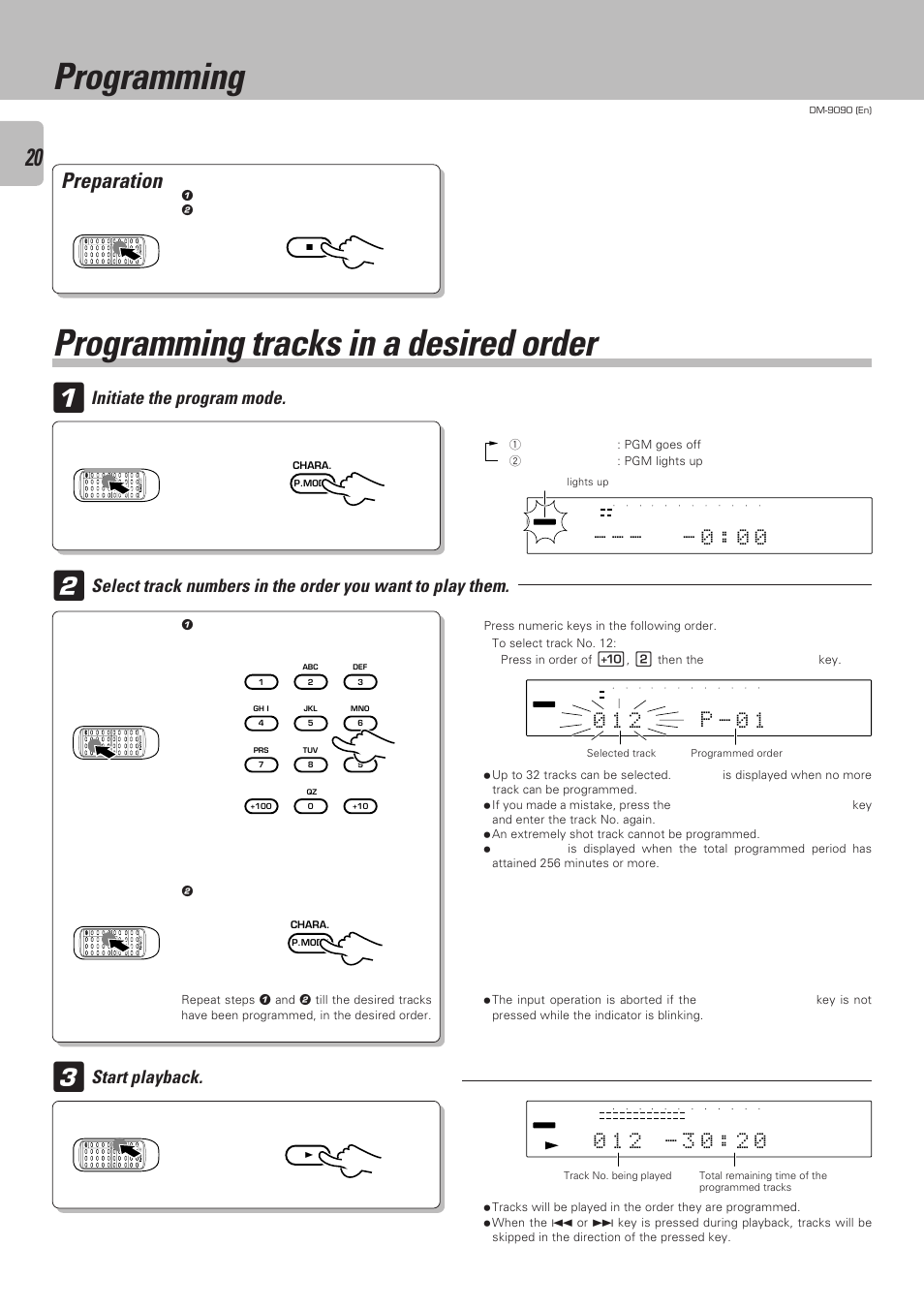 Programming, Programming tracks in a desired order, Preparation | Initiate the program mode | Kenwood DM-9090 User Manual | Page 20 / 56