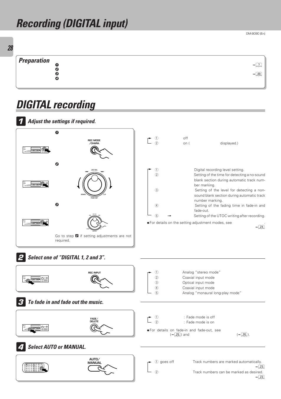 Recording (digital input), Digital recording, Preparation | Adjust the settings if required | Kenwood DM-9090 User Manual | Page 28 / 56