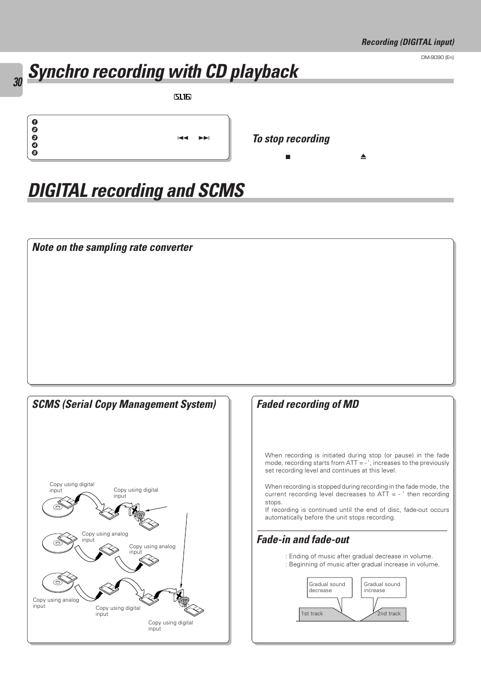 Synchro recording with cd playback, Digital recording and scms, Faded recording of md | Scms (serial copy management system) | Kenwood DM-9090 User Manual | Page 30 / 56