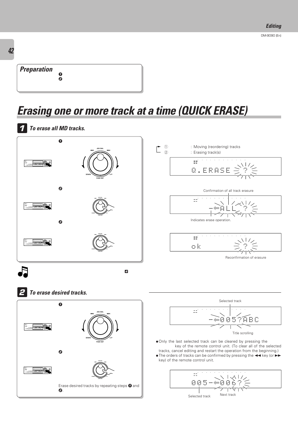 Erasing one or more track at a time (quick erase), Preparation, E r q . a s e | 5 ? b c a 0 0, L? l a, Editing, Erase desired tracks by repeating steps 1 and 2 | Kenwood DM-9090 User Manual | Page 42 / 56