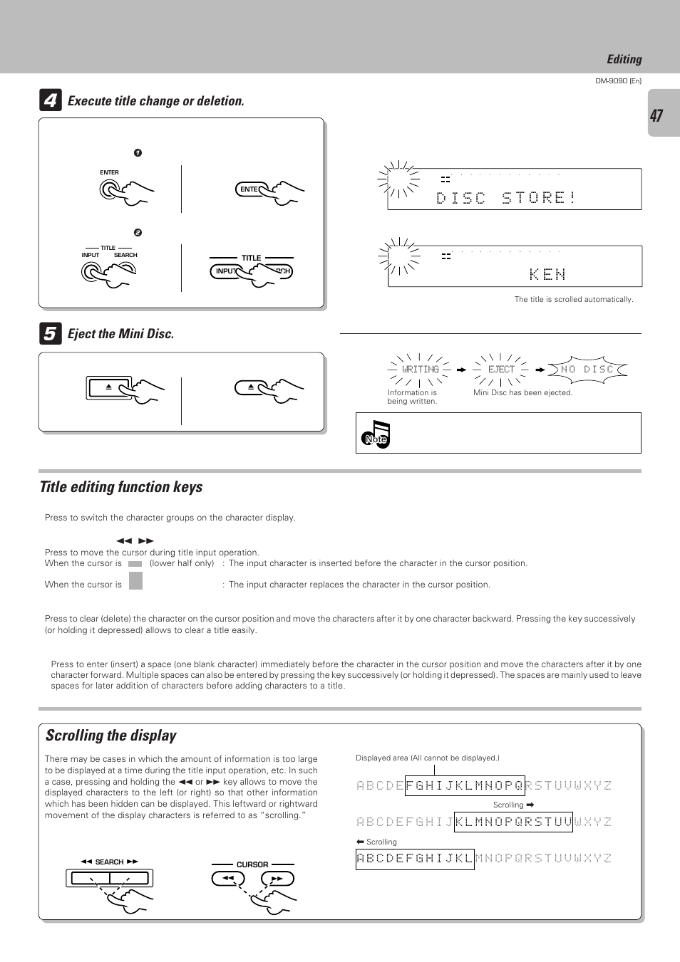 Scrolling the display, Title editing function keys, K e n | O r e, Editing, Chara. key, Manual search ( 1 , ¡ ) keys, Fade / delete key, Edit / space key, Example of scrolling | Kenwood DM-9090 User Manual | Page 47 / 56