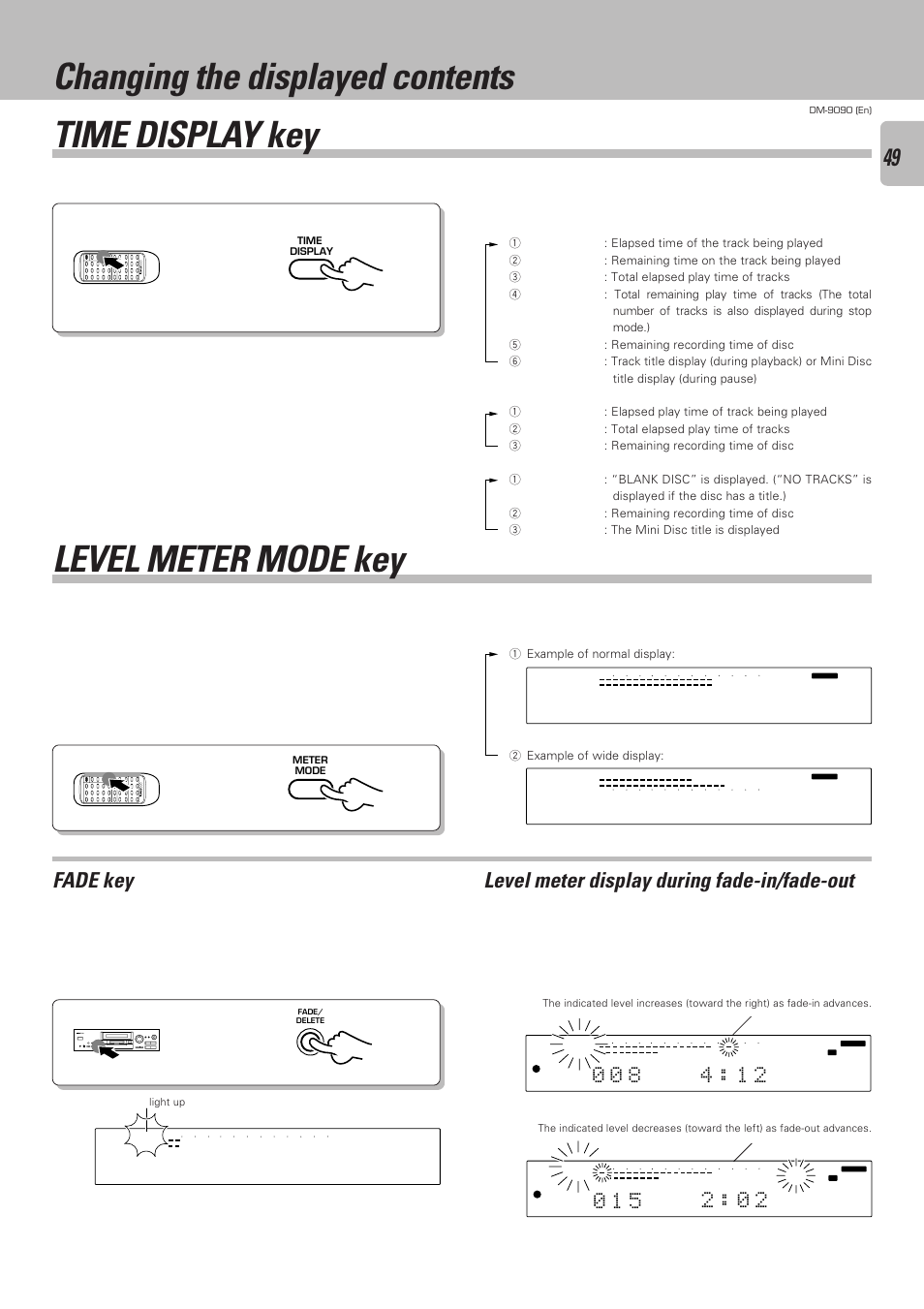 Changing the displayed contents, Level meter mode key time display key, Fade key | Level meter display during fade-in/fade-out, This key allows to switch the mode of time display | Kenwood DM-9090 User Manual | Page 49 / 56