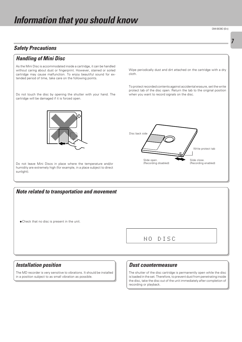 Information that you should know, Safety precautions, Handling of mini disc | Installation position, Dust countermeasure | Kenwood DM-9090 User Manual | Page 7 / 56