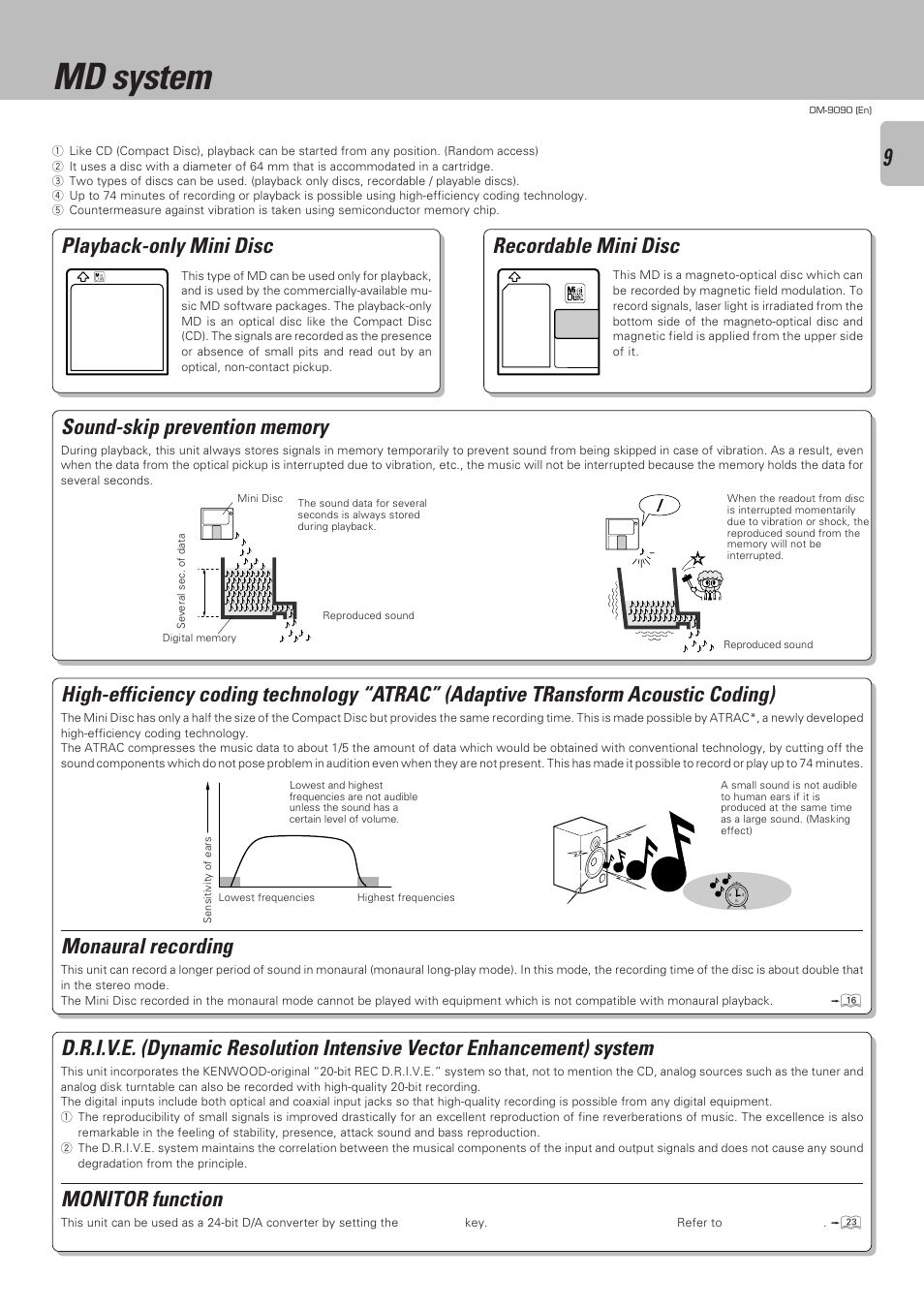 Md system, Playback-only mini disc, Recordable mini disc | Monaural recording, Monitor function | Kenwood DM-9090 User Manual | Page 9 / 56