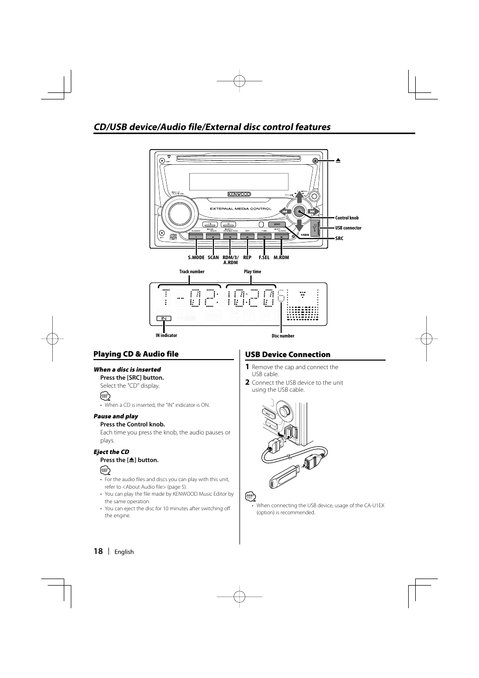 Playing cd & audio file, Usb device connection 1 | Kenwood DUAL DIN SIZED DPX502U User Manual | Page 18 / 44