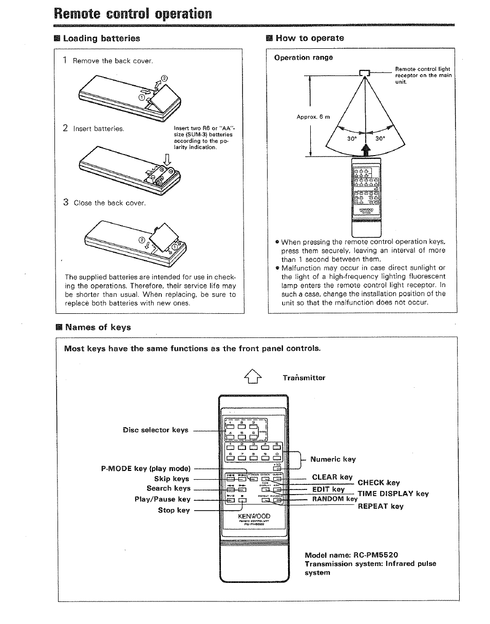 Remote control operation, Loading batteries, Transmitter | Disc selector keys, Numeric key clear key | Kenwood DP-M5520 User Manual | Page 10 / 20